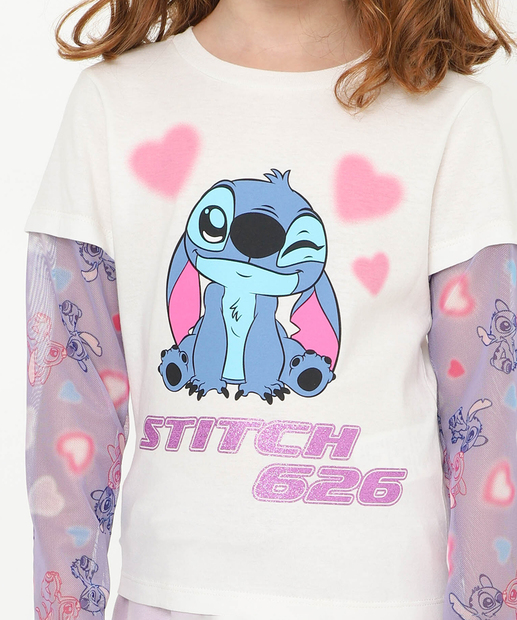 Blusa Infantil Sobreposição Stitch Tule Tam 4 a 10 Off White