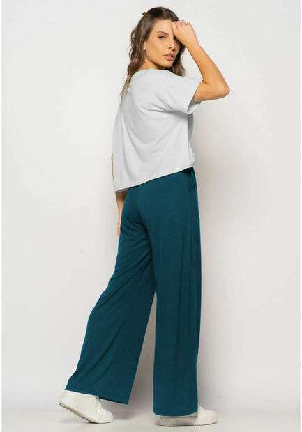 Calça Wide Leg Com Bolso Malha Verde Salvatore Fashion