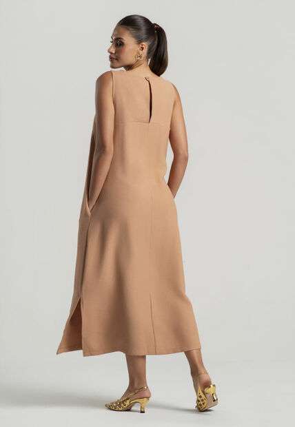 Vestido Midi Alfaiataria Marrant Regata Com Fendas e Bolsos Bege Salvatore