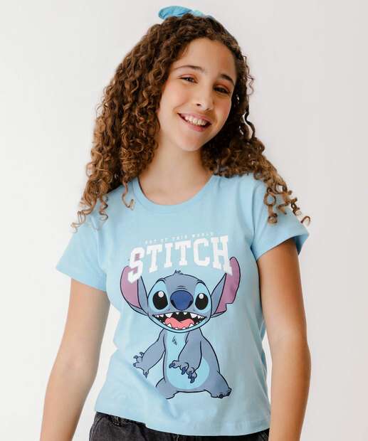 Camiseta Juvenil Manga Curta Stitch Disney Tam 10 a 16