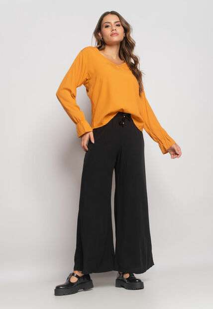 Blusa Gola V Manga Babado Viscolinho Mostarda Salvatore