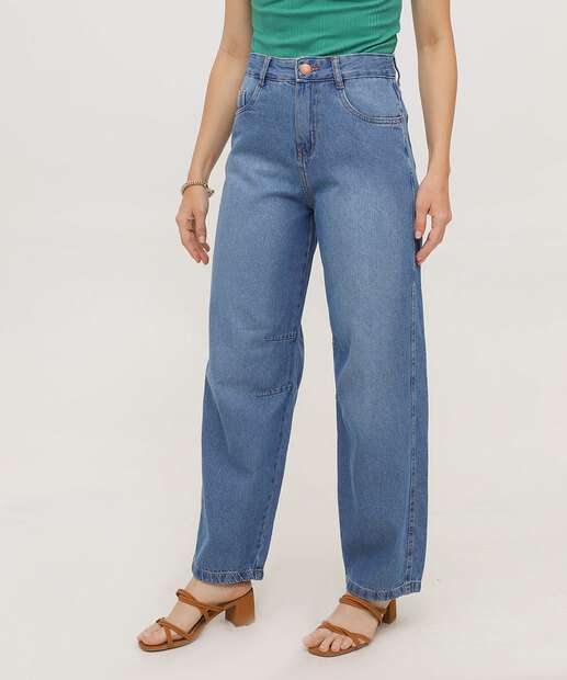 Calça Jeans Barrel Feminina Bolsos