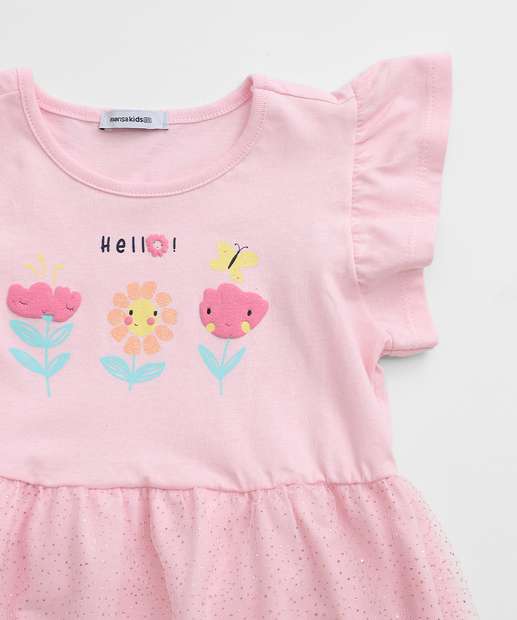 Vestido Infantil Flor Tule Babado Marisa Tam 1 a 3 Rosa