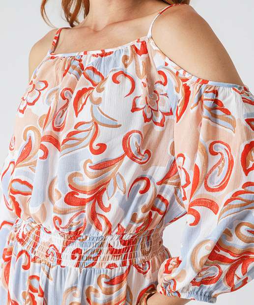 Vestido Midi Feminino Open Shoulder Estampado Marisa Bege