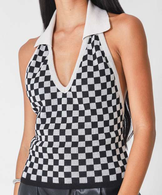 Blusa Feminina Frente Única Xadrez Marisa Preto