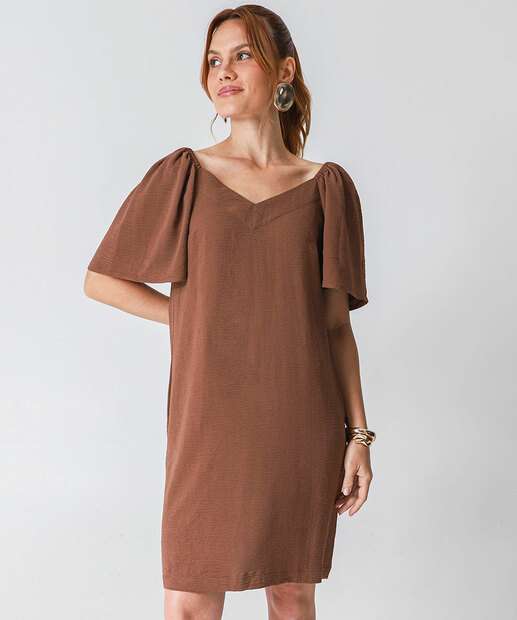 Vestido Feminino Textura Manga Curta Marisa Marrom
