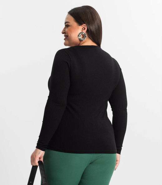 Blusa Plus Size Em Ribana Canelada  Secret Glam Preto