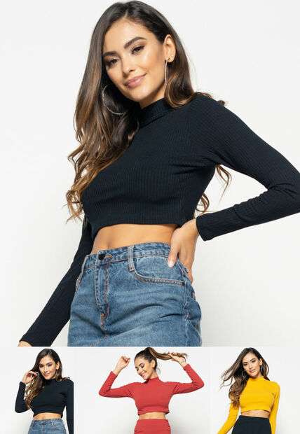 Image_Kit 3 Croppeds  Gola Alta Manga Longa Comfy Malha Canelada Preta, Mostarda e Ter