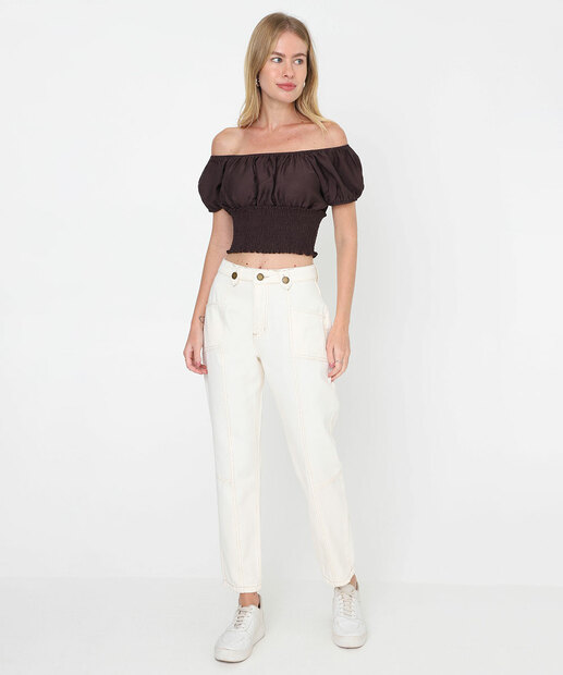 Blusa Cropped Ciganinha Lastex Feminina Marisa Marrom