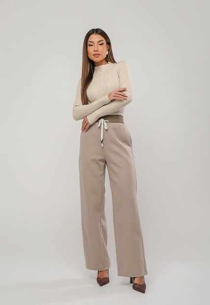 Blusa de Tricot Modal com Gola Alta e Manga Canelada Bege Salvatore