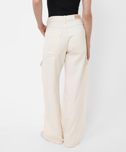 Calça Wide Leg Feminina Sarja Cargo Sawary Off White
