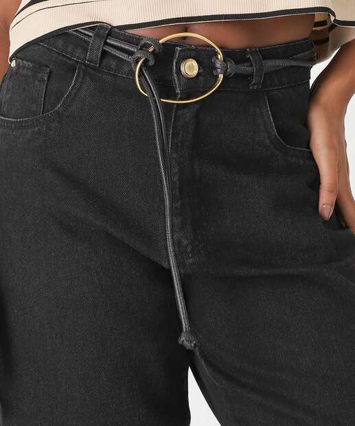 Calça Jeans Wide Leg Cinto Feminina Marisa Preto