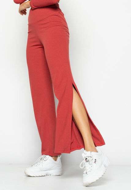 Calça  Flare Com Fenda Lateral Canelada Terracota Salvatore Fashion