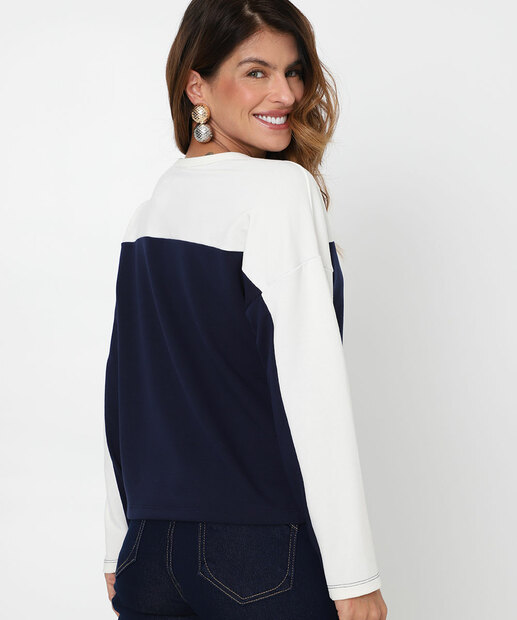 Blusa Feminina Moletinho Bicolor Manga Longa Marisa Azul