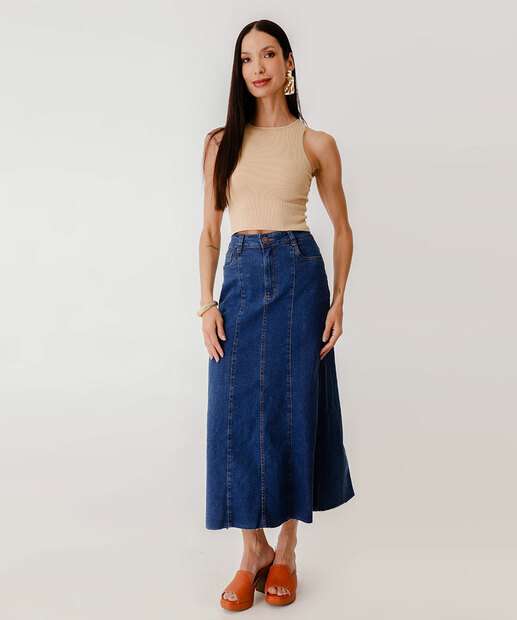 Saia Midi Jeans Feminina Bolsos 