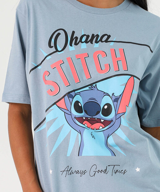 Camiseta Feminina Oversized Stitch Manga Curta Disney Azul