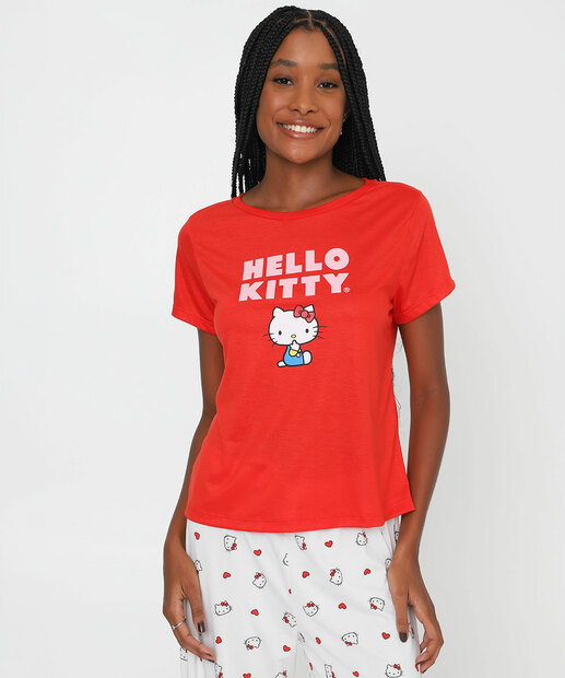 Pijama Feminino Hello Kitty Manga curta Sanrio Vermelho