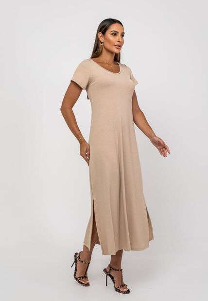Image_Vestido Longo Fenda Canelado Manga Curta Bege Salvatore