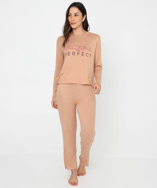 Pijama Feminino Tricô Estampa Frase Marisa Bege