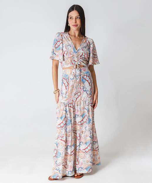 Blusa Cropped Feminina Estampada Drapeado Marisa Bege