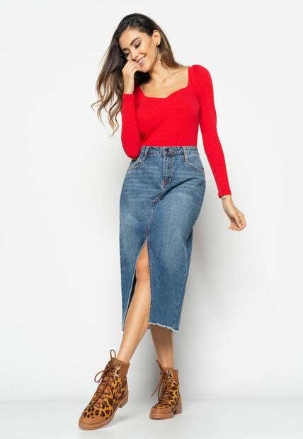 Blusa  Princesa Decote Coração Malha Canelada Vermelho