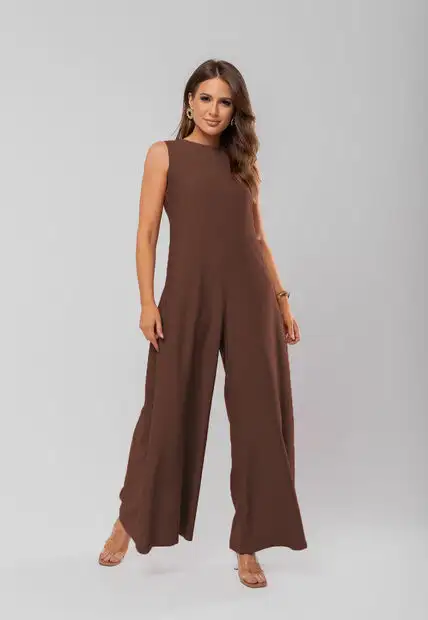 Macacão Regata Feminino Alfaiataria Pantalona Marrom Salvatore Fashion