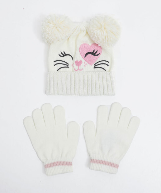 Kit Touca Luvas Gatinho Pompom Marisa