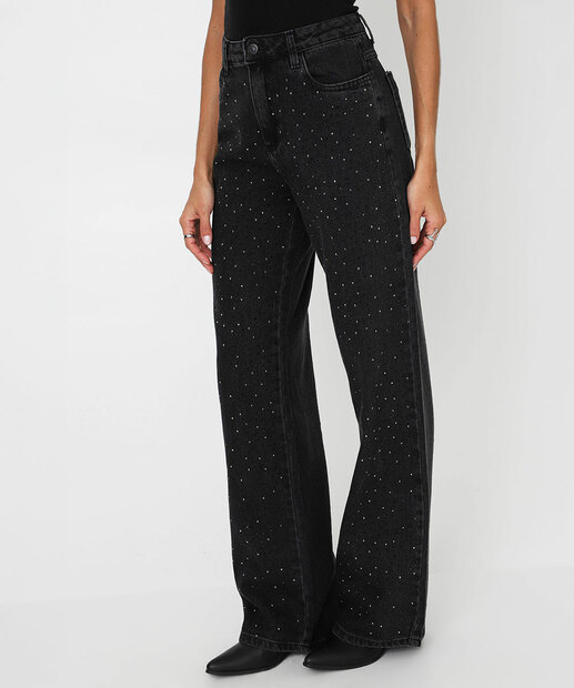 Calça Feminina Jeans Wide Leg Strass Sawary Preto