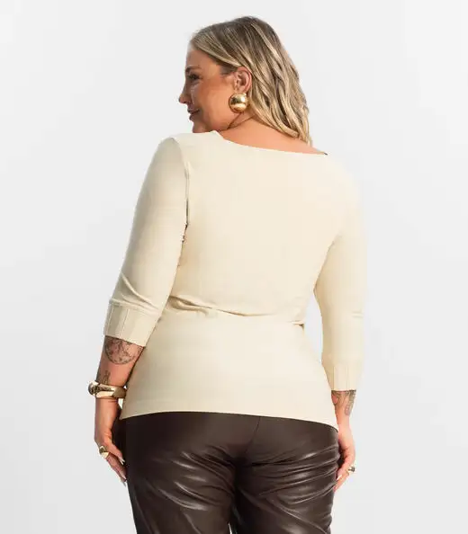 Blusa Plus Size Manga 3/4 Secret Glam Bege