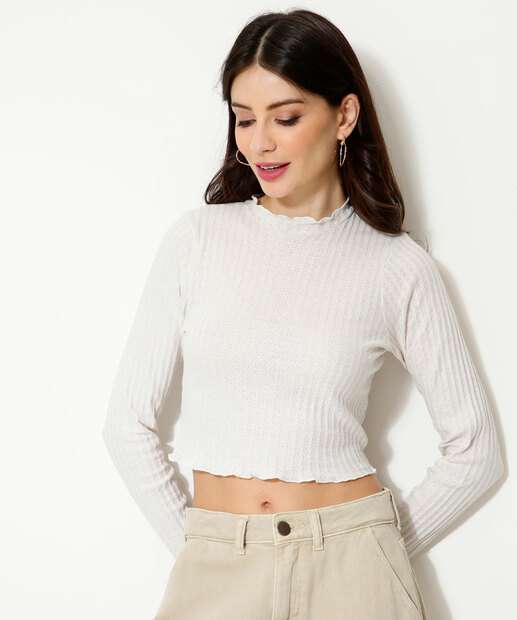 Blusa Cropped Feminina Canelada Gola Alta Manga Longa
