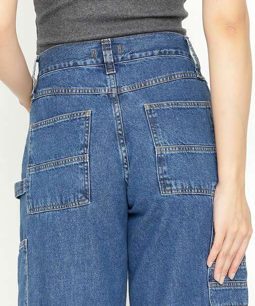 Calça Jeans Wide Leg Pantalona Feminina Cargo Marisa