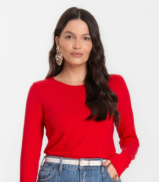 Blusa Feminina Canelada Com Manga Longa Rovitex Vermelho