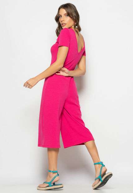 Macacão Pantacourt Manga Curta Costas Em V Canelado Rosa Salvatore