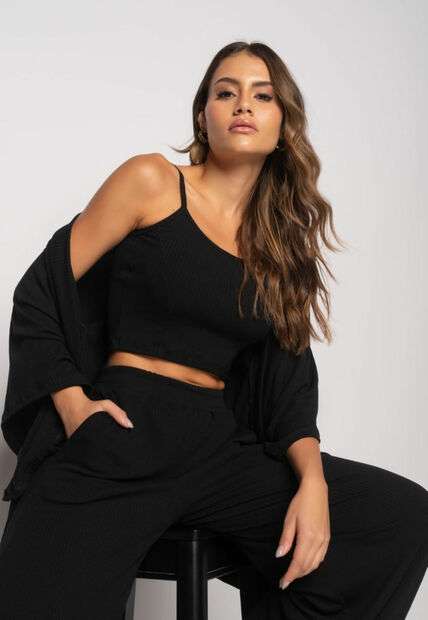 Conjunto Com Kimono, Cropped e Wide Leg Canelado Preto Salvatore