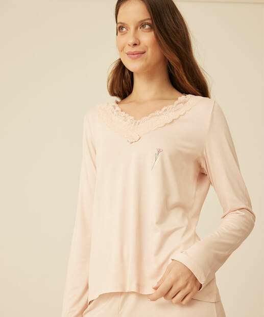 Pijama Feminino Recorte Renda Manga Longa   