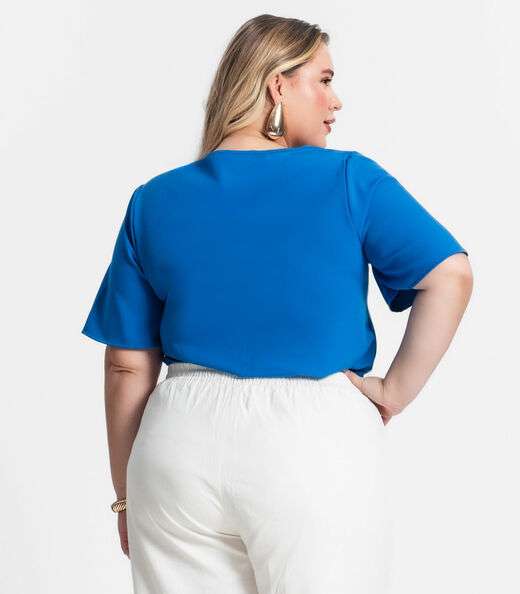 Blusa Plus Size Feminina Decote V Secret Glam Azul