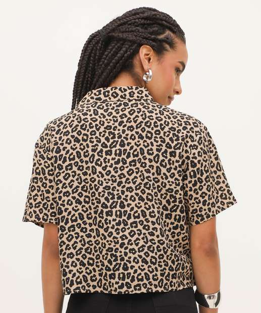 Camisa Cropped Feminina Animal Print Manga Curta Marisa