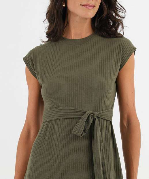 Vestido Feminino Canelado Amarração Fenda Marisa Verde