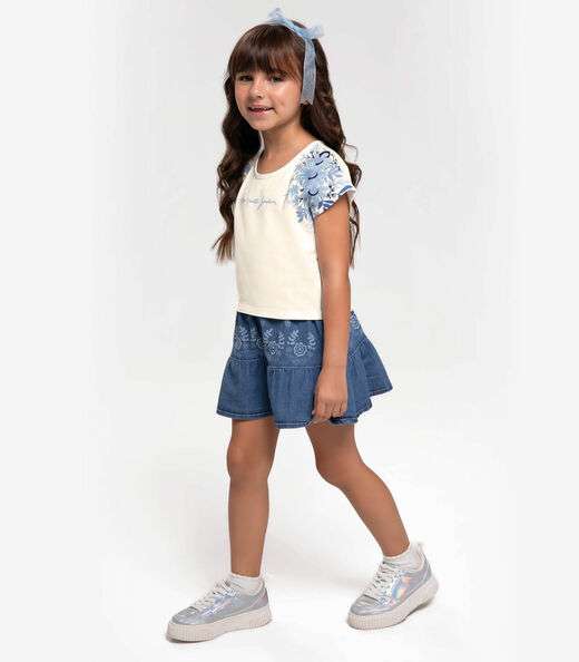 Conjunto Infantil Blusa Com Saia Jeans Trick Nick Bege