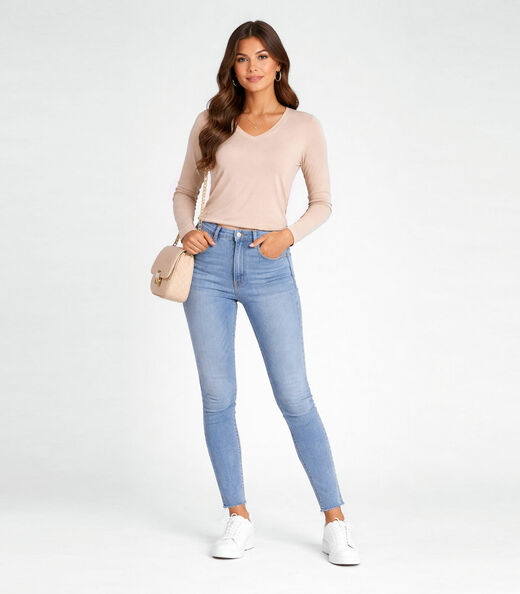 Blusa Manga Longa Decote V Básica Select Marrom