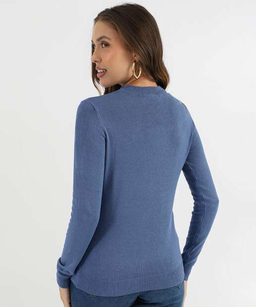 Suéter Feminino Liso Gola Careca Marisa Azul