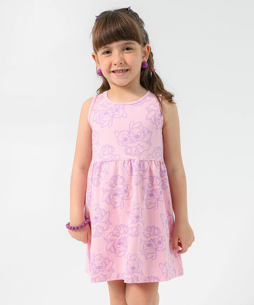 Vestido Infantil Estampa Stitch e Angel Tam 4 a 10 Rosa