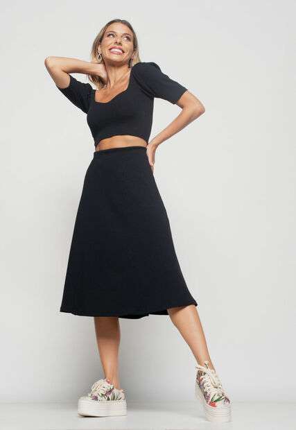 Saia  Midi Godê Canelada Preta