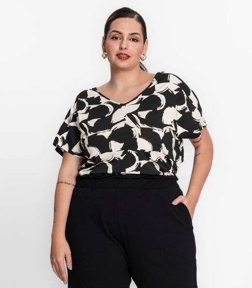Blusa Feminina Plus Size Estampada Secret Glam Preto
