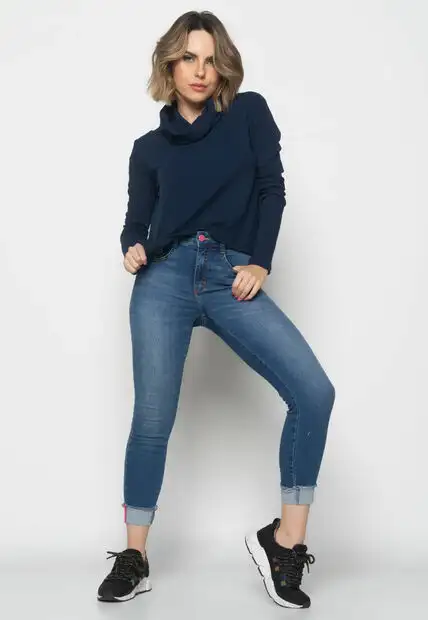 Blusa Golão Manga Longa Canelada Azul Salvatore Fashion