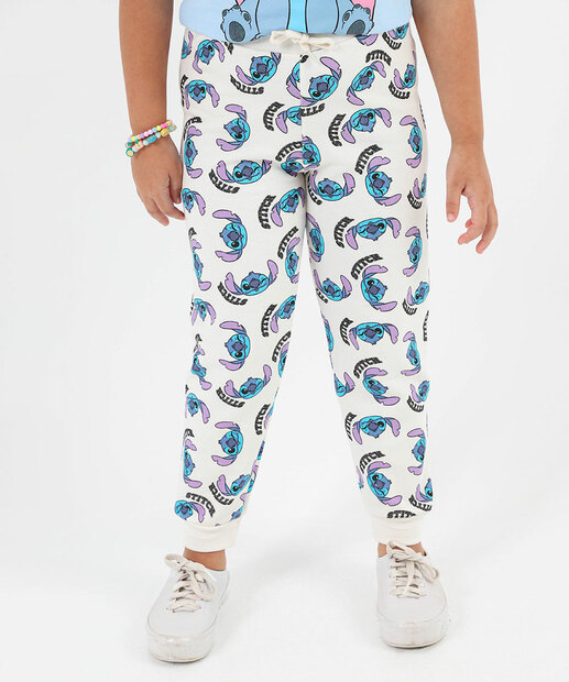 Calça Infantil Moletom Estampa Stitch Tam 4 a 10 Off White