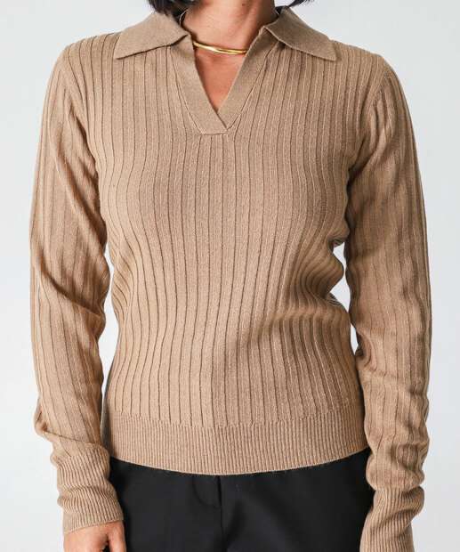 Suéter Feminino Polo Textura Manga Longa Marisa Bege