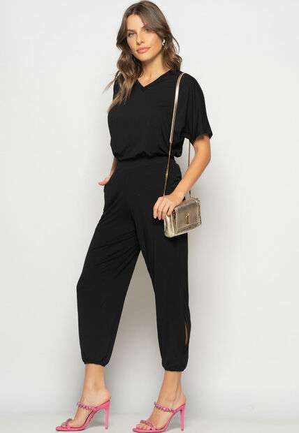 Conjunto Blusa Ampla Gola V e Calça Jogger Fenda Malha Preto Salvatore