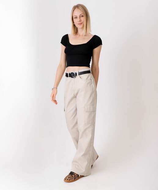 Calça Feminina Sarja Wide Leg Cargo 