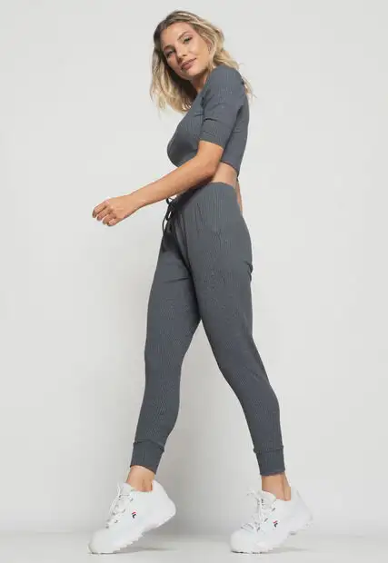 Cropped  Princesa Gola Redonda Malha Canelada Grafite Salvatore Fashion